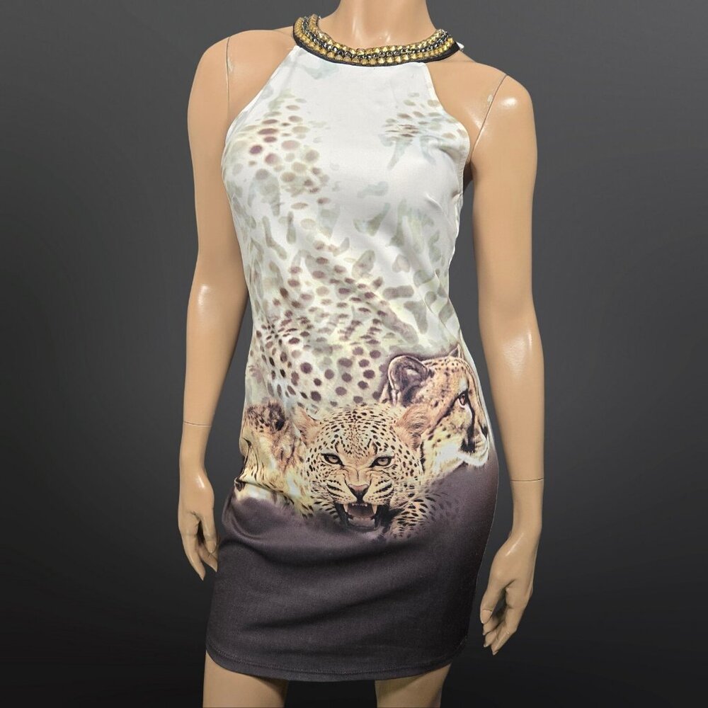 Y2K Leopard Print Mini Dress Size L Studded Rhinestone Trashy Mcbling Mob wife
